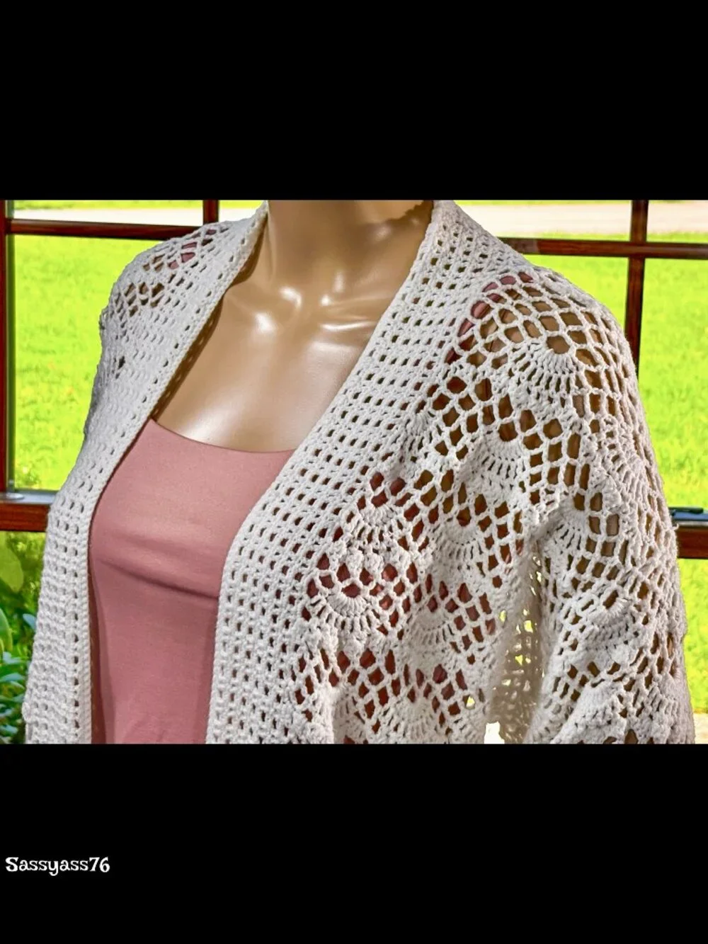 🆕CHICO'S▪️Shimmering White Fringe Hem Cotton Blend Crochet Short Sleeve Sweater